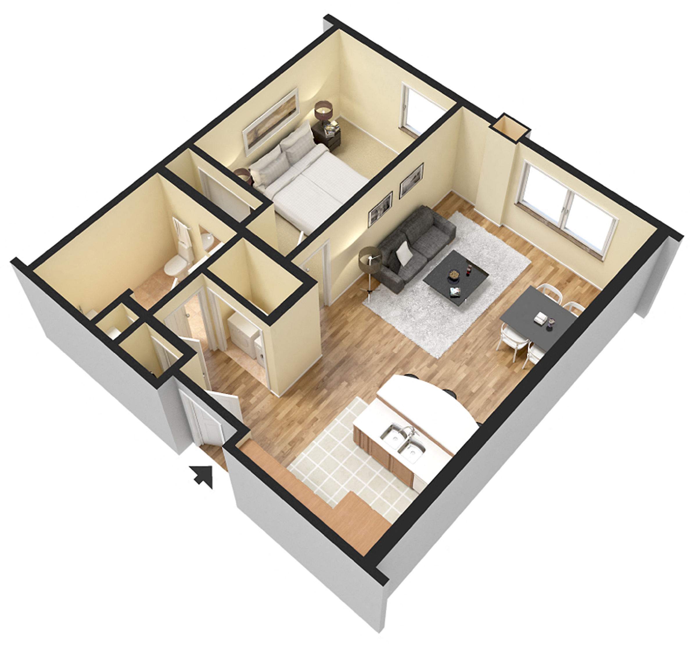 Floor plan for 1 bed, 1 bath, 748 sqft
